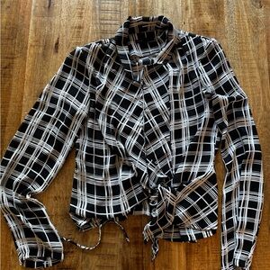 Jieru Checkered Women's Blouse black and white tie front long sleeve large NWOT